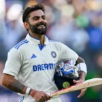 Virat Kohli smiling in cricket jersey as BCCI urges him to reconsider retirement, representing drama and excitement.